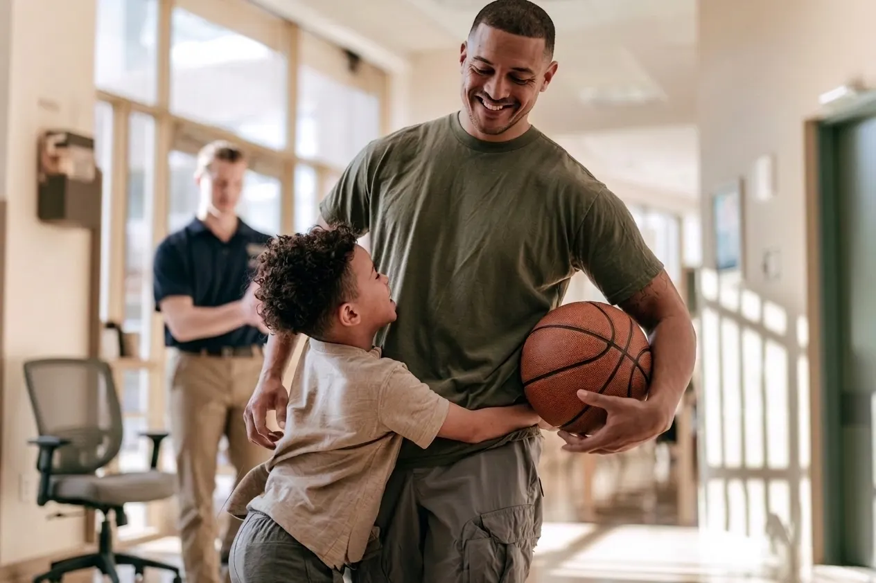 Adult and child spending time together with a basketball