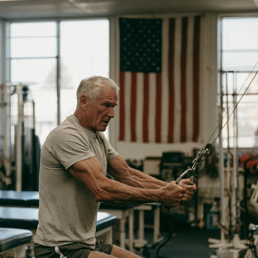 Older adult exercising with cable equipment